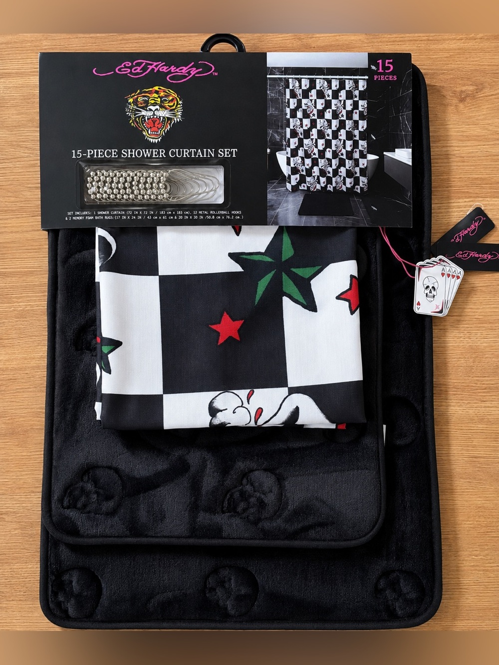 Ed Hardy Black & White Checkerboard Shower Curtain Set with Skulll Cowboy & Star